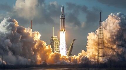 Photo of the launch of a space rocket. super realistic photo. The white long rocket