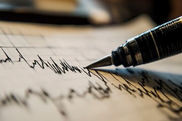 Fototapeta premium Seismograph arrow, draws a graph of seismic activity, close-up