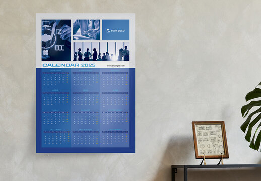 Wall Calendar 2025 One Page in Blue Accents