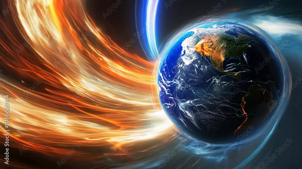 Poster earths gravitational fields being disturbed with flickering changes in light and color.