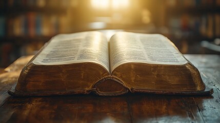 Obraz premium Open Book on Wooden Table with Sunlight Rays