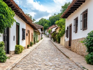 Obraz premium Charming cobblestone street lined with colorful houses, lush greenery, and beautiful clouds in a tranquil village setting.
