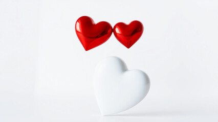 two red hearts float above a white ceramic heart