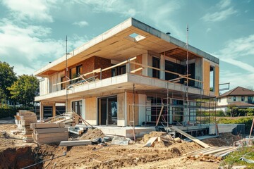 Modern House under construction. Daytime