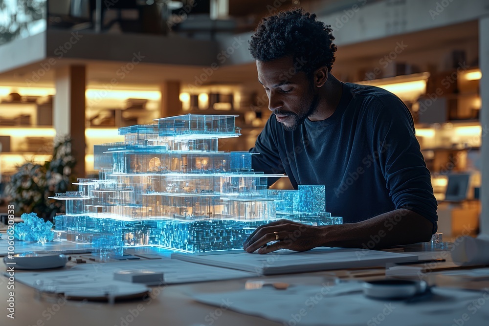 Poster architect examining a digital model of a modern building