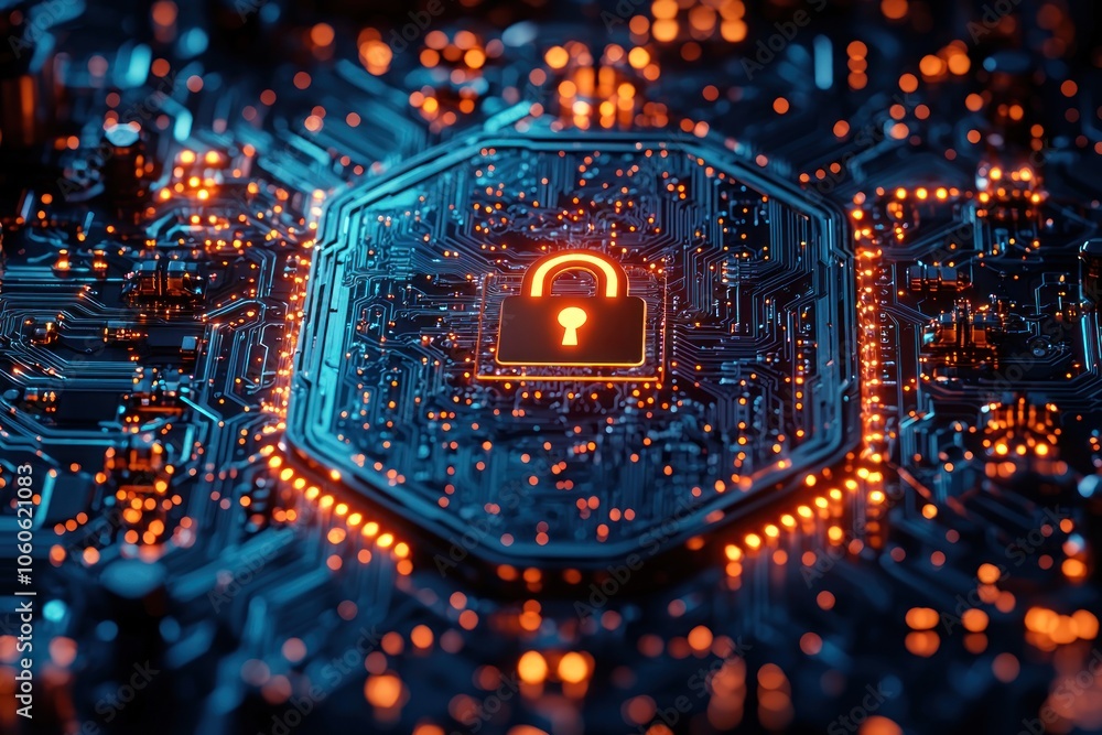 Poster Cyber Security Concept with Illuminated Padlock on a Circuit Board