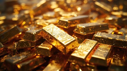 A close-up view of stacked gold bars, symbolizing wealth and investment.
