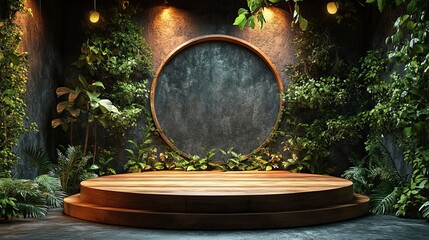 Produce a stage podium background inspired by nature, with a wooden platform adorned with greenery and natural textures