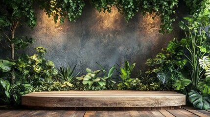 Produce a stage podium background inspired by nature, with a wooden platform adorned with greenery and natural textures