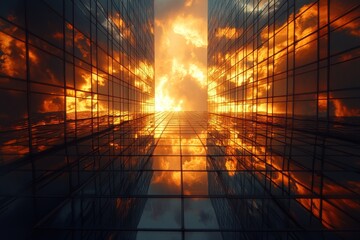 Glass Facade Reflecting a Dramatic Sunset Sky