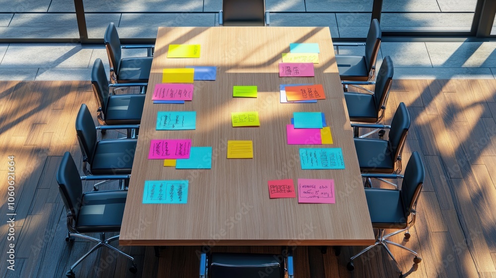 Aufkleber a conference table with colorful sticky notes arranged for a brainstorming session.