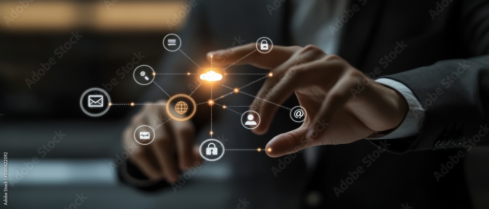 Poster a hand gracefully interacts with a vibrant digital interface that showcases various technology icons