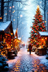 Fototapeta premium festive winter market path leads a decorated tree