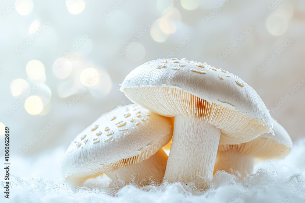 Poster group of mushrooms with a frosty appearance. the mushrooms are white and have a unique texture