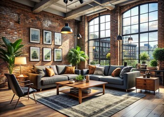 Luxury Modern Living Room Interior Design with Urban Exploration Elements, Sleek Furniture, Artistic Decor, and Natural Light Highlights, Ideal for Contemporary Lifestyle Aesthetics
