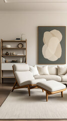 modern living room with a white armchair wooden shelving abstract artwork