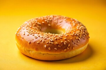 Macro Photography of a Delicious Bagel on a Vibrant Yellow Background, Perfect for Food Lovers, Baking Enthusiasts, and Culinary Art Display