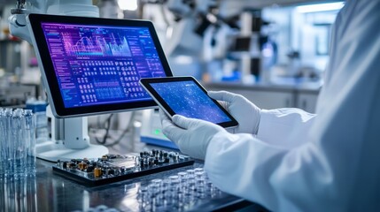 A scientist in a lab coat examines data on a tablet while a monitor displays a chart.