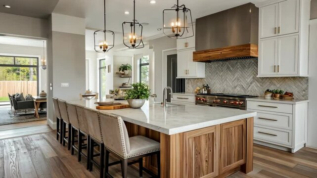 A modern kitchen features a large island with white countertops and wood cabinetry, with a view of a living room through a doorway