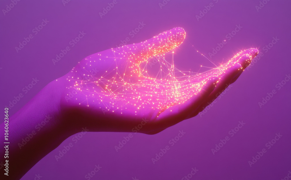 Poster a hand holding a glowing digital data network connection against an abstract background