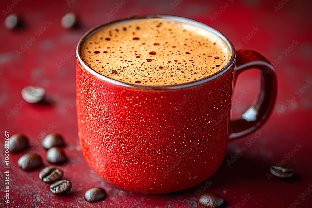Poster red coffee mug with a white foam top is filled with a frothy white foam. there are a few coffee bean