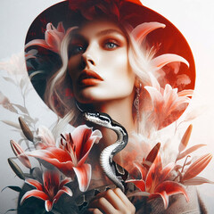 Luxury fashion style photo. Beautiful woman with a snake. Book magazine creative concept cover photography
