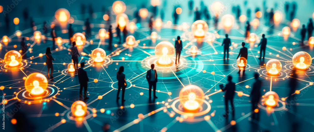 Poster network interconnected figures representing global communication