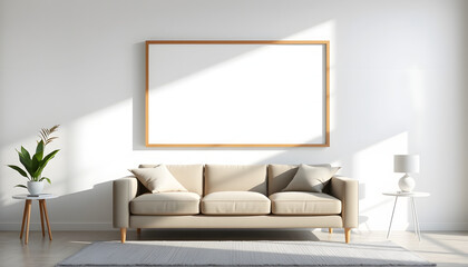 simple frame mockup poster template leaning on the sofa lit by sunlight with reflection effect in the living room isolated with white highlights, png