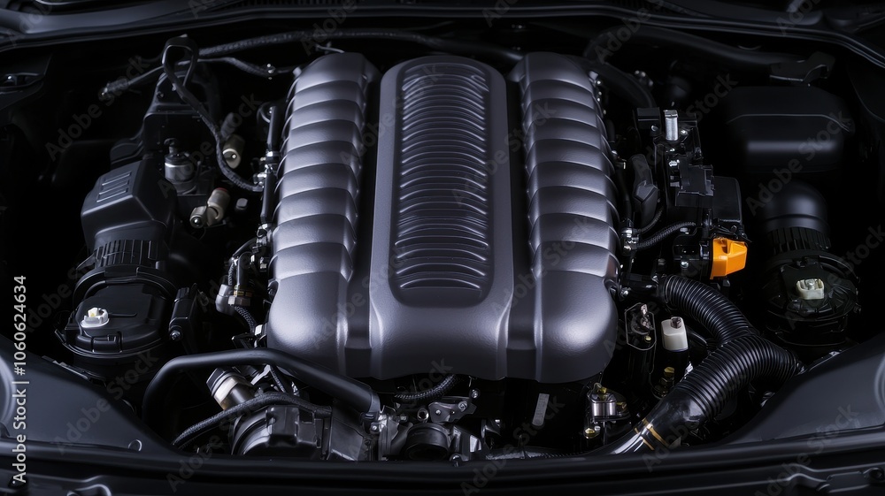 Poster a detailed view of a powerful car engine showcasing modern design and intricate components.