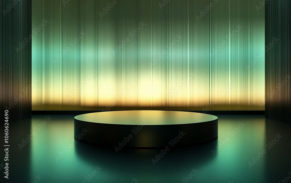 Poster a minimalist stage with a circular platform and softly illuminated backdrop.