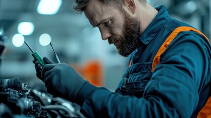 A focused mechanic examines tools while working on machinery, showcasing diligence and expertise in a workshop environment.