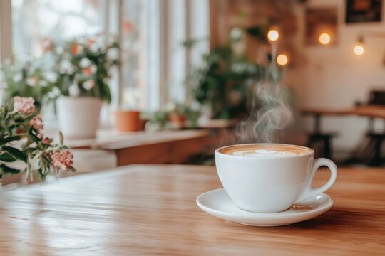Close-up of a Steaming Coffee Cup on a Rustic Table, Barista Style Coffee in a Cozy Cafe Setting, Perfect for a Morning Pick-Me-Up or Afternoon Break Enjoy the Aroma and Warmth of Freshly Brewed