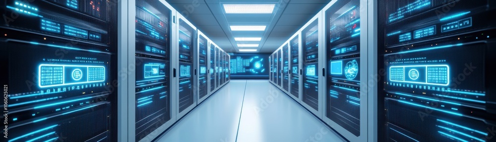 Poster futuristic data center with illuminated servers and digital interfaces, showcasing technology and in