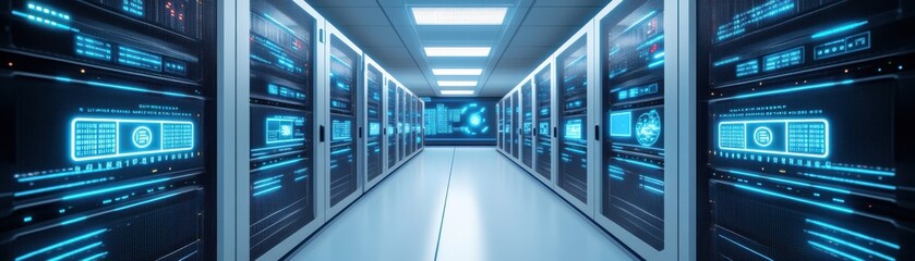 Obraz premium Futuristic data center with illuminated servers and digital interfaces, showcasing technology and innovation.