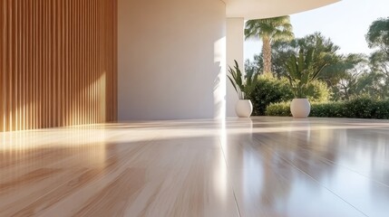 An elegant open area filled with natural light, featuring polished wooden flooring and lush greenery, exemplifying the symbiosis of nature and modern architecture.