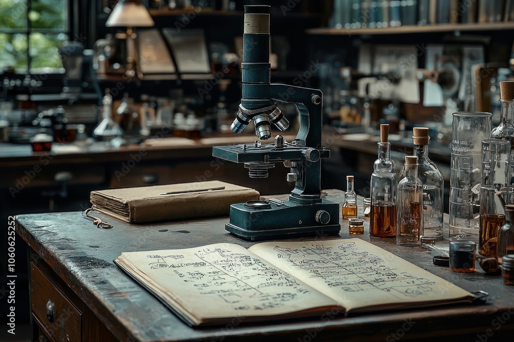 Poster vintage microscope and notebook on a wooden table