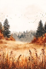 Obraz premium Embracing tranquility as autumn leaves dance above a serene meadow landscape surrounded by evergreen trees with a soft misty background