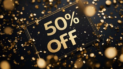 Black sign with letters 50% off surrounded by gold confetti on black background