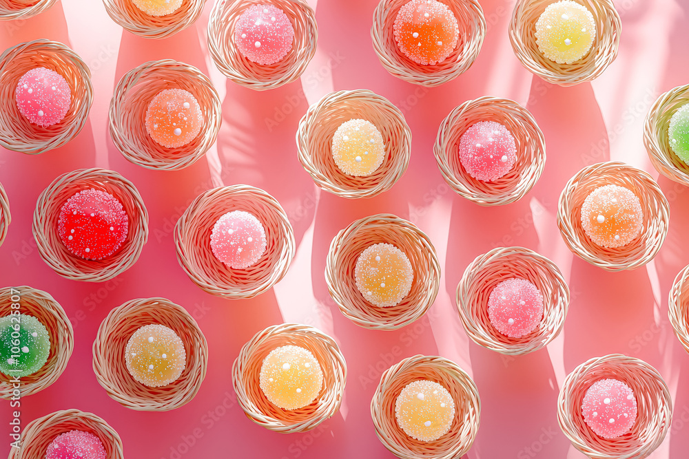 Poster row of colorful candy nests are arranged on a pink background. the candy nests are made of wicker an