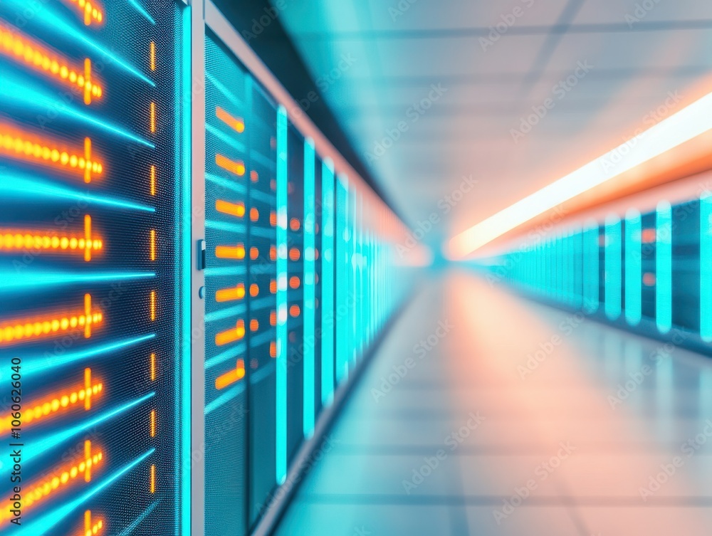 Poster futuristic data center corridor showcasing illuminated server racks and vibrant lights, emphasizing 