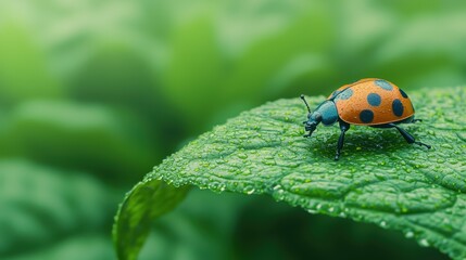 Naklejka premium Colorful Ladybug Crawling on Leaf with Water Droplets