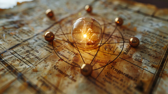Glowing orb connected by wires to metallic spheres, casting light on an old document with cryptic inscriptions, evoking mystery and ancient knowledge