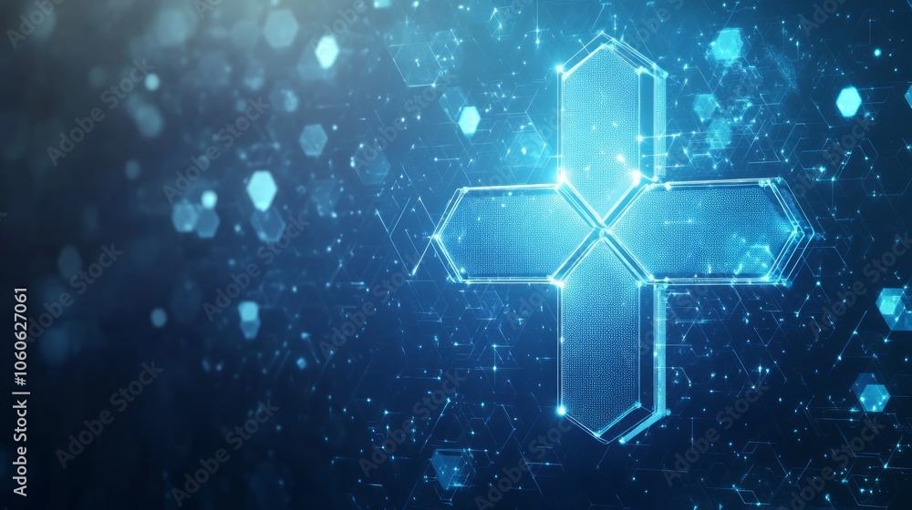 Poster abstract glowing blue cross symbol on a dark blue background with a futuristic hexagonal pattern.