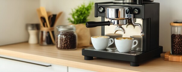 Modern espresso machine with cups on a kitchen counter, showcasing a stylish coffee preparation scene.
