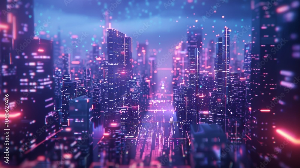 Poster futuristic cityscape with glowing neon lights illuminating skyscrapers and digital data streams flow