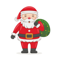 Cartoon illustration cute Santa Claus character with green gift bag. Christmas winter holiday design element