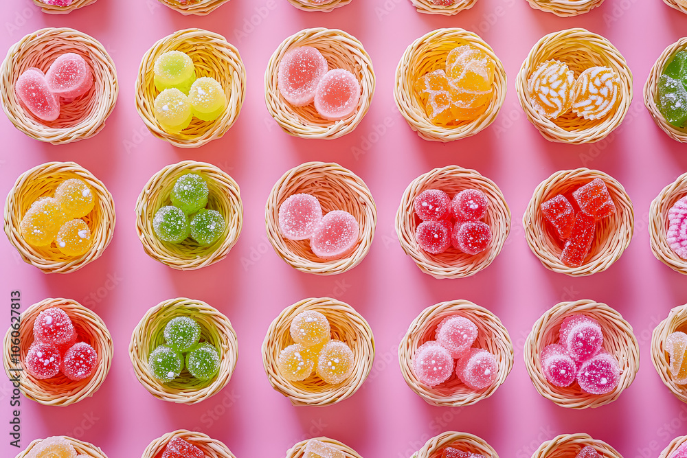 Poster row of baskets filled with colorful candies. the candies are in different colors and shapes, and the