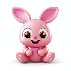 A cheerful pink cartoon bunny sits happily with big eyes and a wide smile, inviting joy and fun