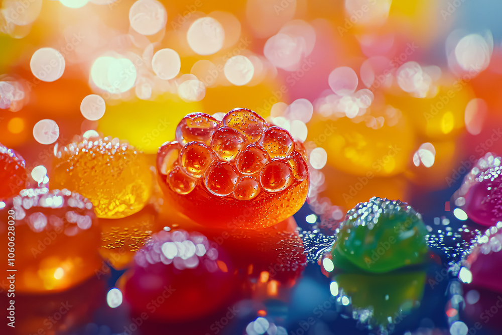 Poster colorful assortment of jelly beans are arranged on a table. the jelly beans are of various colors an