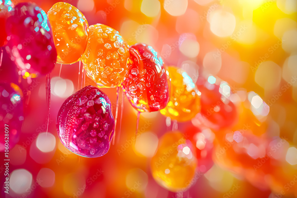 Poster colorful assortment of jelly beans are arranged on a table. the jelly beans are of various colors an